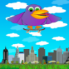 +purple+parrot+flying+cityscape+bird+ clipart