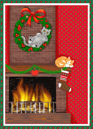 +animal+cat+cat+on+fireplace+wreath++ clipart